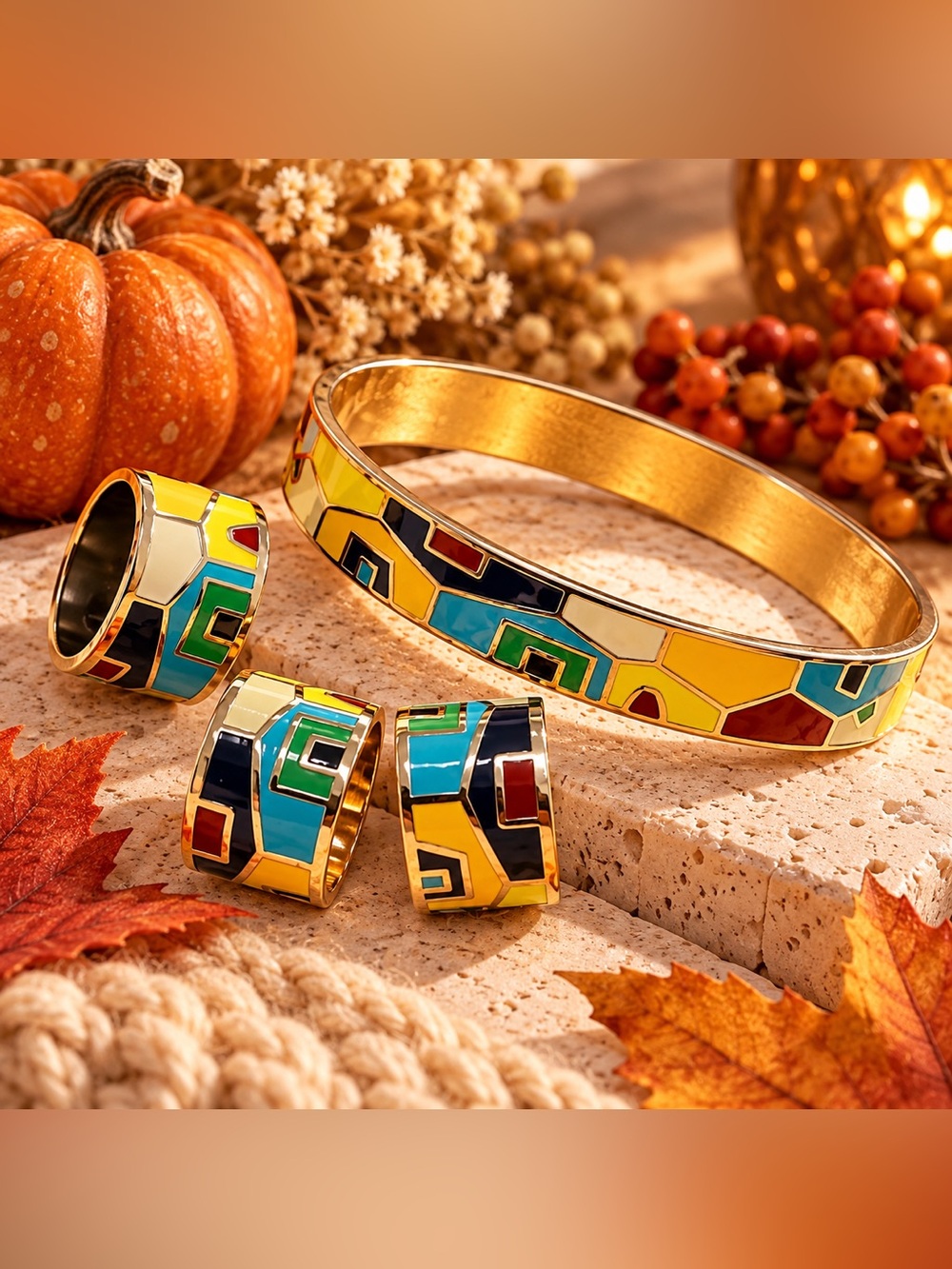 Multicolor Enamel Bracelet Ring Earrings Set